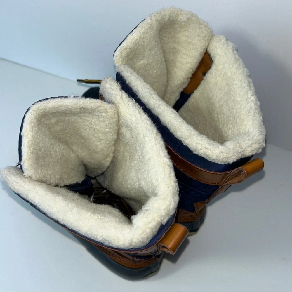 Lands' End Duck Boots Women's 7.5 Sherpa Lined Navy Camel Waterproof Lace Up‎